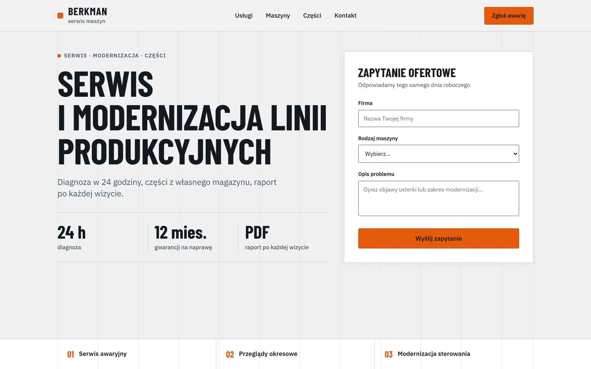 Koncepcja strony serwisu maszyn przemysłowych: techniczny nagłówek, parametry realizacji i formularz zapytania na pierwszym ekranie