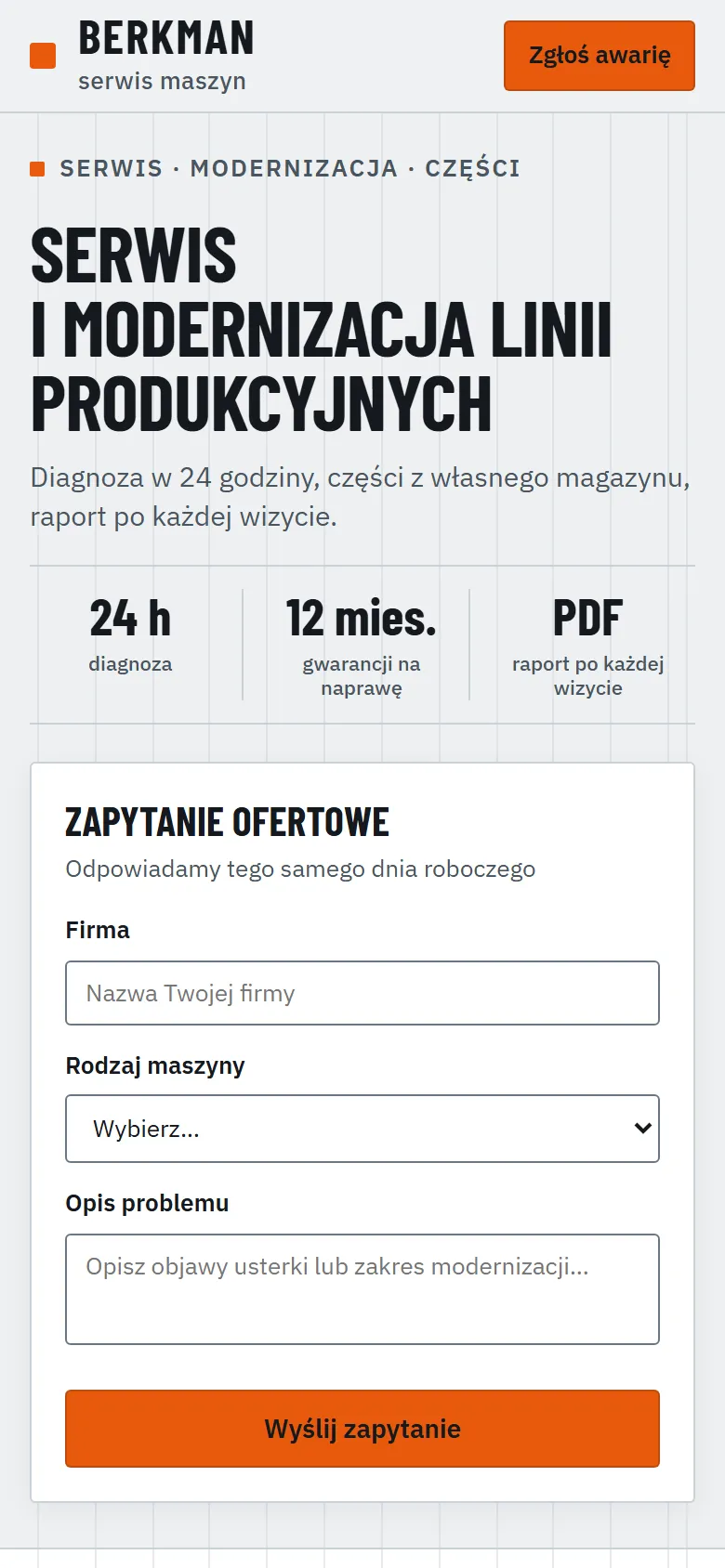 Widok mobilny koncepcji serwisu maszyn: zwarty układ formularza i natychmiastowy dostęp do telefonu alarmowego