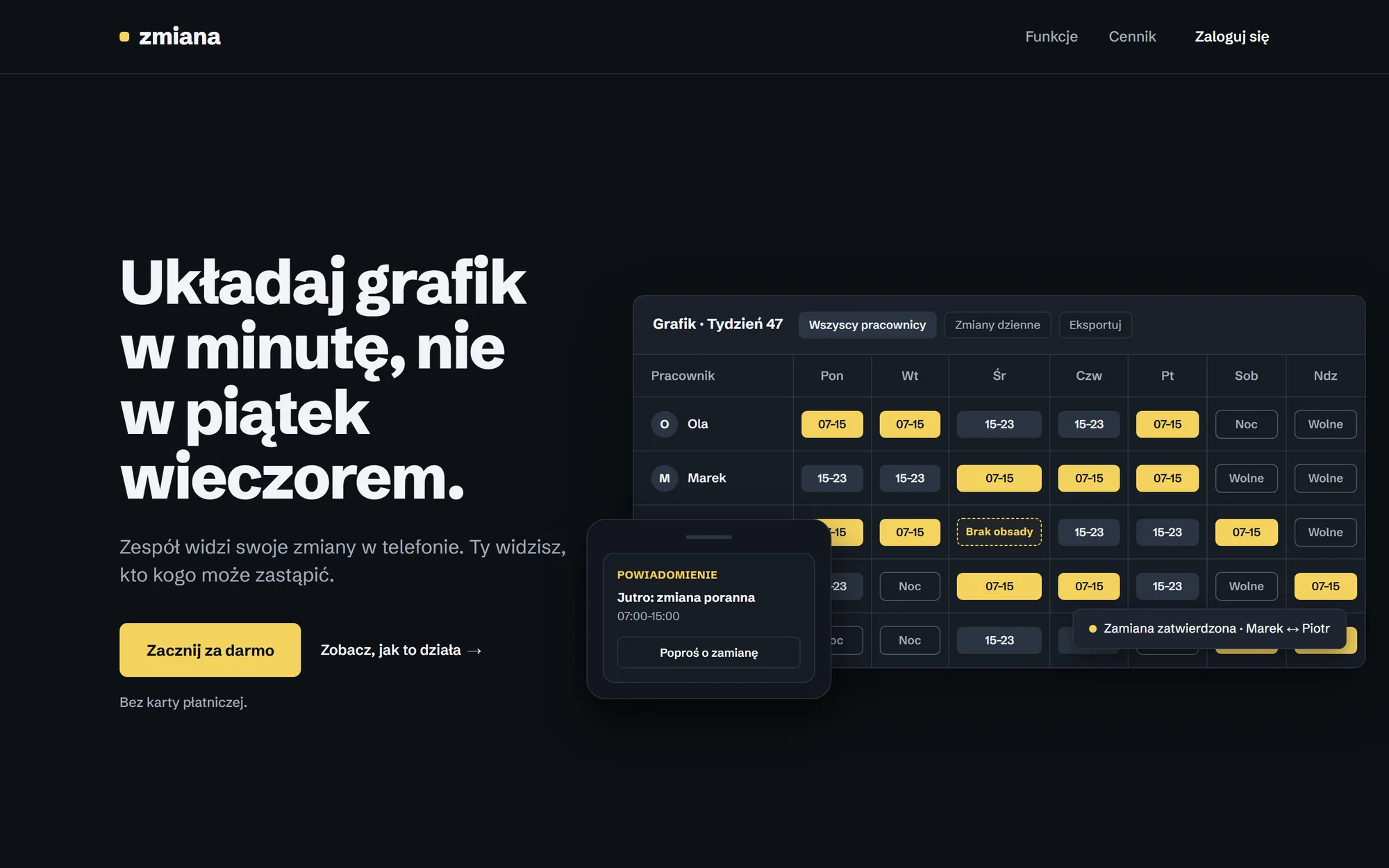 Koncepcja landing page aplikacji grafikowej: wyrazisty nagłówek, podgląd interfejsu grafiku i pojedynczy przycisk akcji