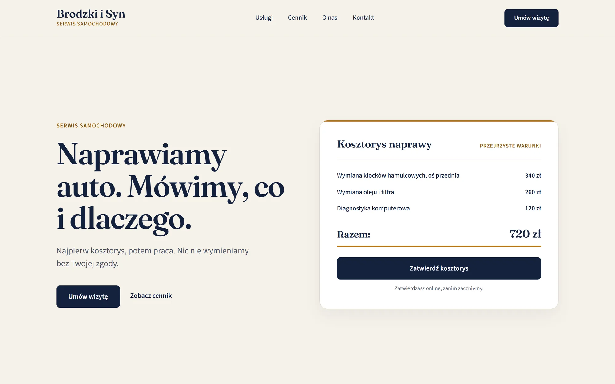 Nowa wersja serwisu po redesignie: czysta typografia, wyrazisty nagłówek i natychmiastowy kontakt